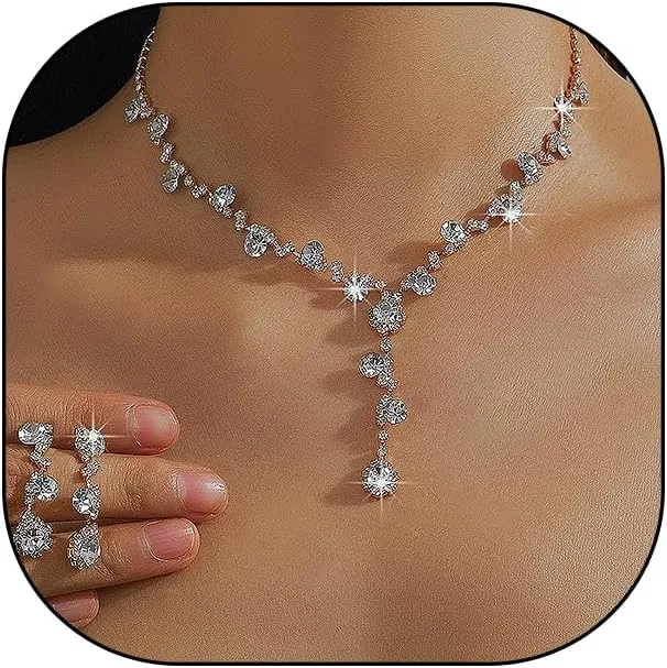 FUTIMELY Fashion Crystal Bridal Necklace Earrings Set for Women Bohemian Bling Choker Necklace Silver Dangle Drop Earrings Wedding Jewelry Gift