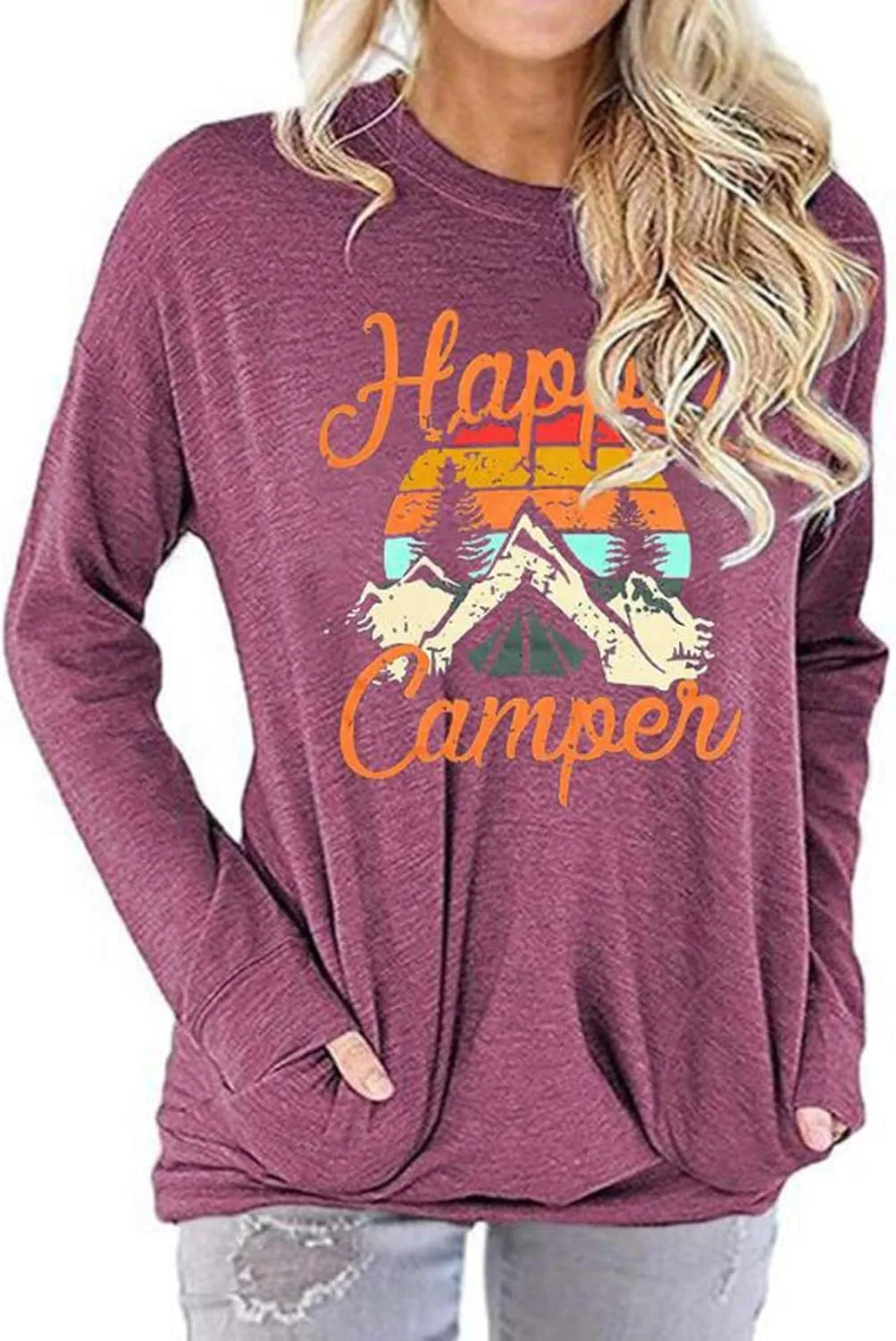 Fuyxxmer Happy Camper Sweatshirt Women Vintage Mountain Graphic Tee Long Sleeve Pullover Blouses Top Shirts with Pockets