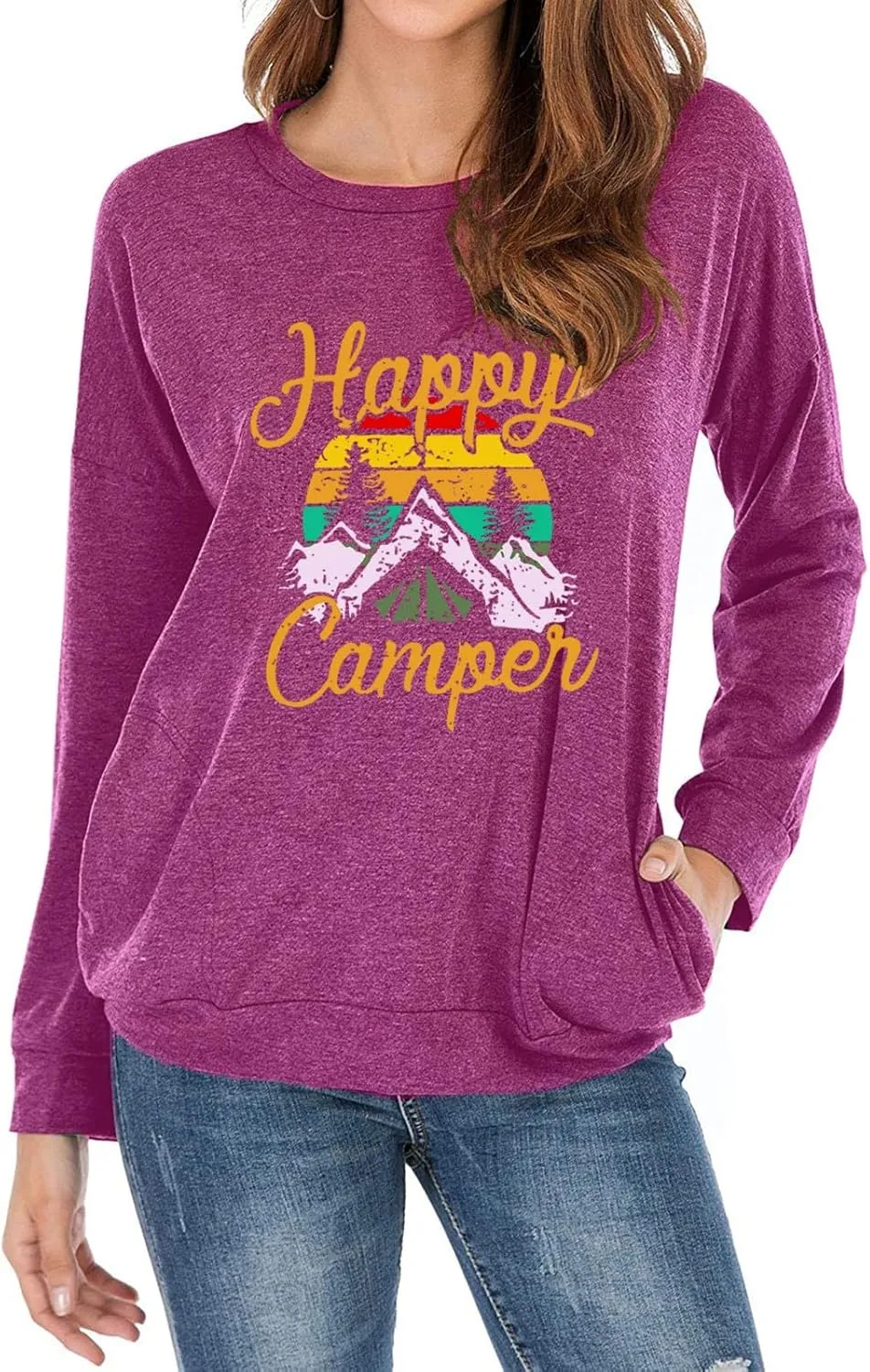 Fuyxxmer Happy Camper Sweatshirt Women Vintage Mountain Graphic Tee Long Sleeve Pullover Blouses Top Shirts with Pockets