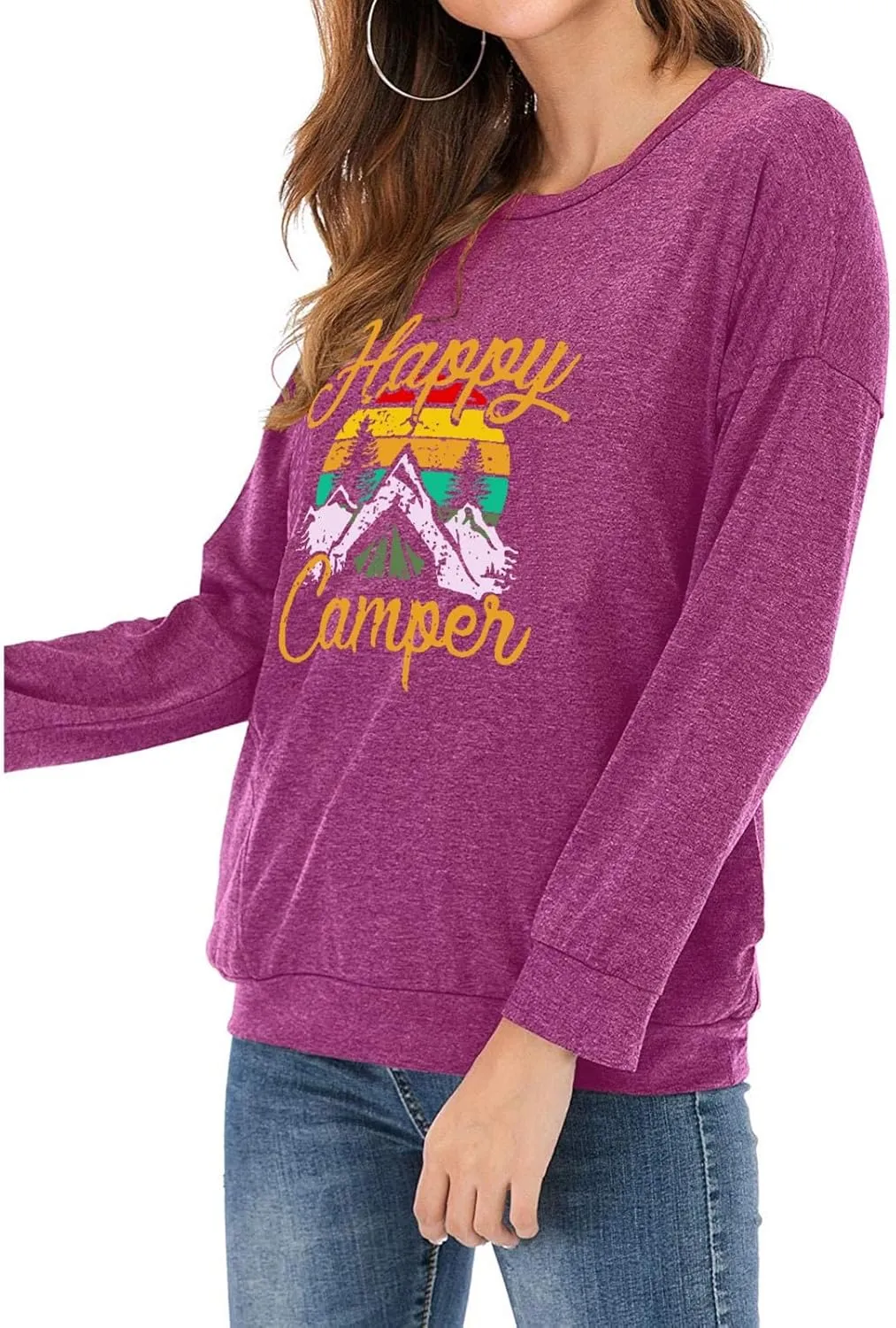 Fuyxxmer Happy Camper Sweatshirt Women Vintage Mountain Graphic Tee Long Sleeve Pullover Blouses Top Shirts with Pockets