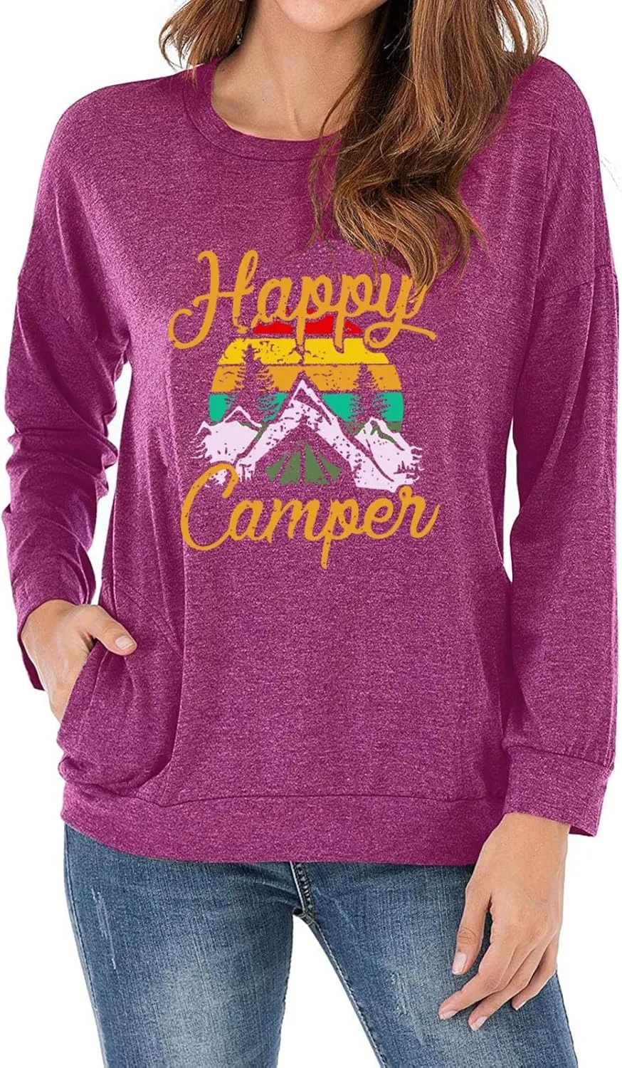 Fuyxxmer Happy Camper Sweatshirt Women Vintage Mountain Graphic Tee Long Sleeve Pullover Blouses Top Shirts with Pockets
