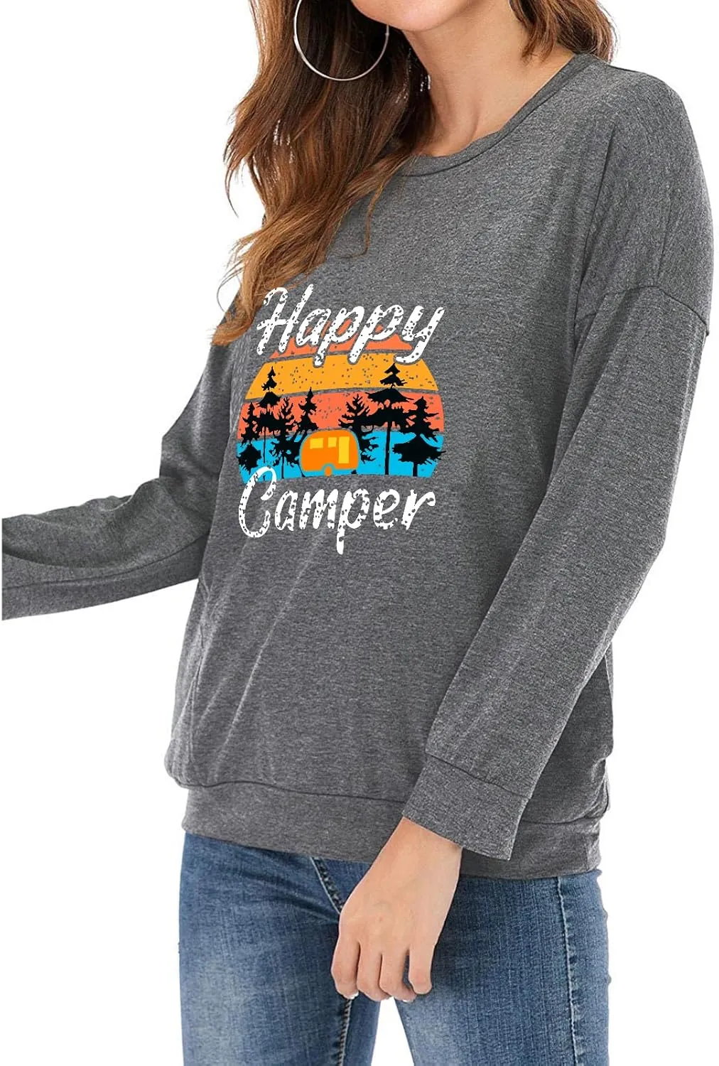Fuyxxmer Womens Happy Camper Sweatshirt Vintage Mountain Graphic Tee Long Sleeve Pullover Blouses Top Shirts with Pockets