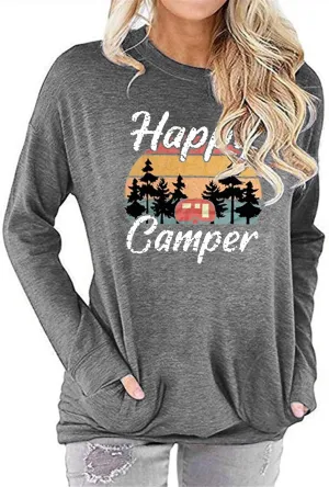 Fuyxxmer Womens Happy Camper Sweatshirt Vintage Mountain Graphic Tee Long Sleeve Pullover Blouses Top Shirts with Pockets