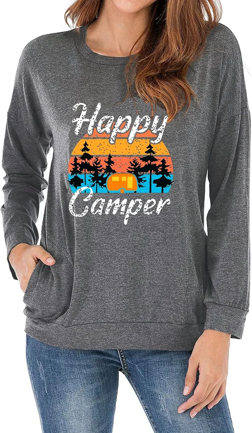 Fuyxxmer Womens Happy Camper Sweatshirt Vintage Mountain Graphic Tee Long Sleeve Pullover Blouses Top Shirts with Pockets
