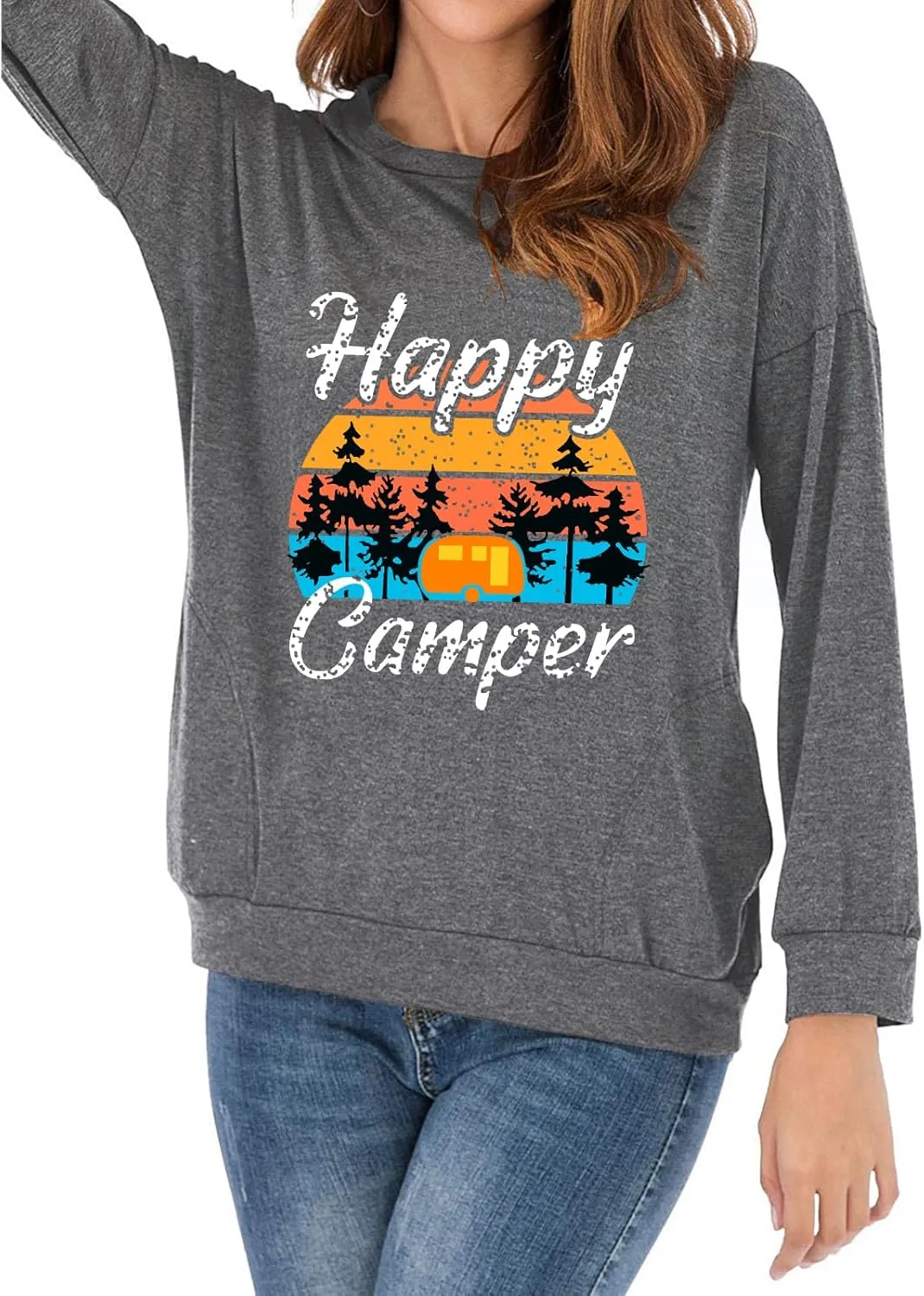Fuyxxmer Womens Happy Camper Sweatshirt Vintage Mountain Graphic Tee Long Sleeve Pullover Blouses Top Shirts with Pockets