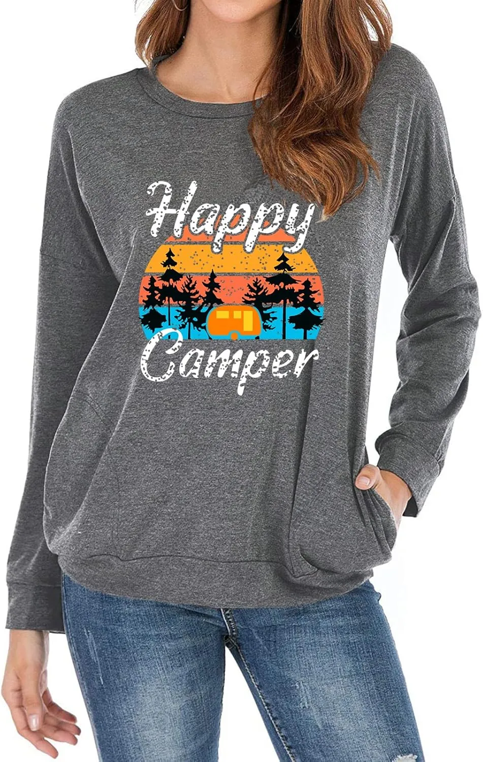 Fuyxxmer Womens Happy Camper Sweatshirt Vintage Mountain Graphic Tee Long Sleeve Pullover Blouses Top Shirts with Pockets