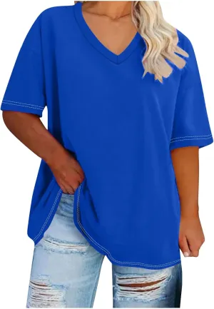 Generic 2024 Oversized T Shirts Women's Plus Size Tees Casual Half Sleeve V Neck Shirt Summer Loose Comfy Basic Tunic Tops