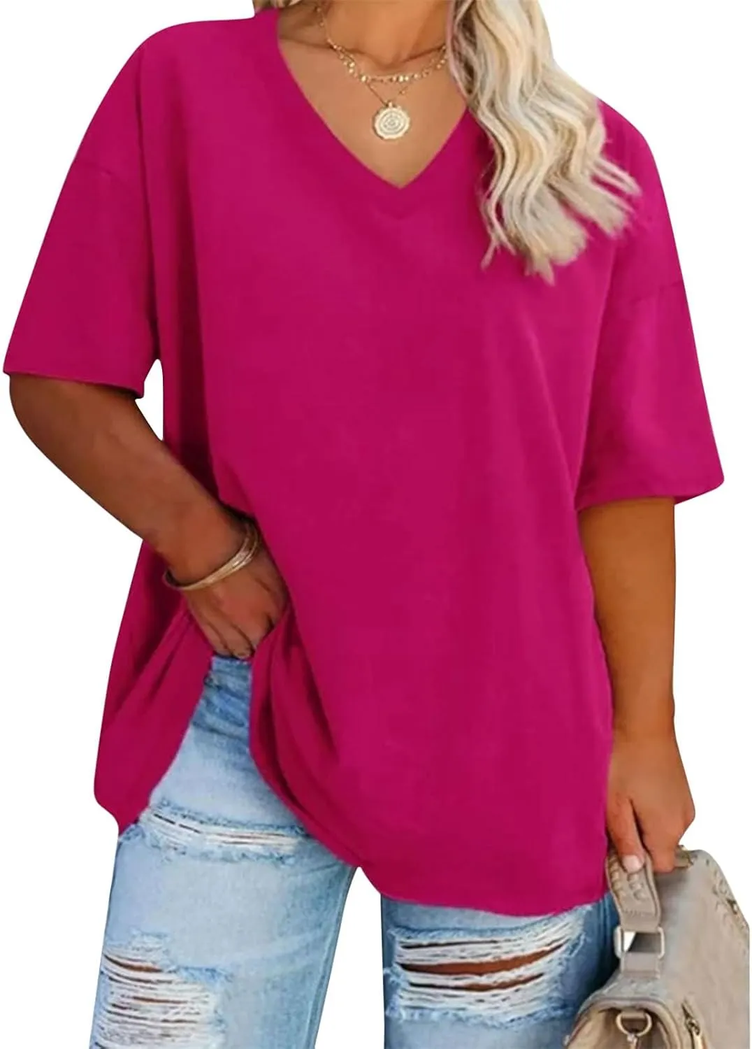 Generic 2024 Oversized T Shirts Women's Plus Size Tees Casual Half Sleeve V Neck Shirt Summer Loose Comfy Basic Tunic Tops