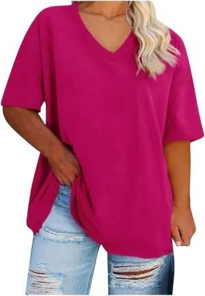 Generic 2024 Oversized T Shirts Women's Plus Size Tees Casual Half Sleeve V Neck Shirt Summer Loose Comfy Basic Tunic Tops