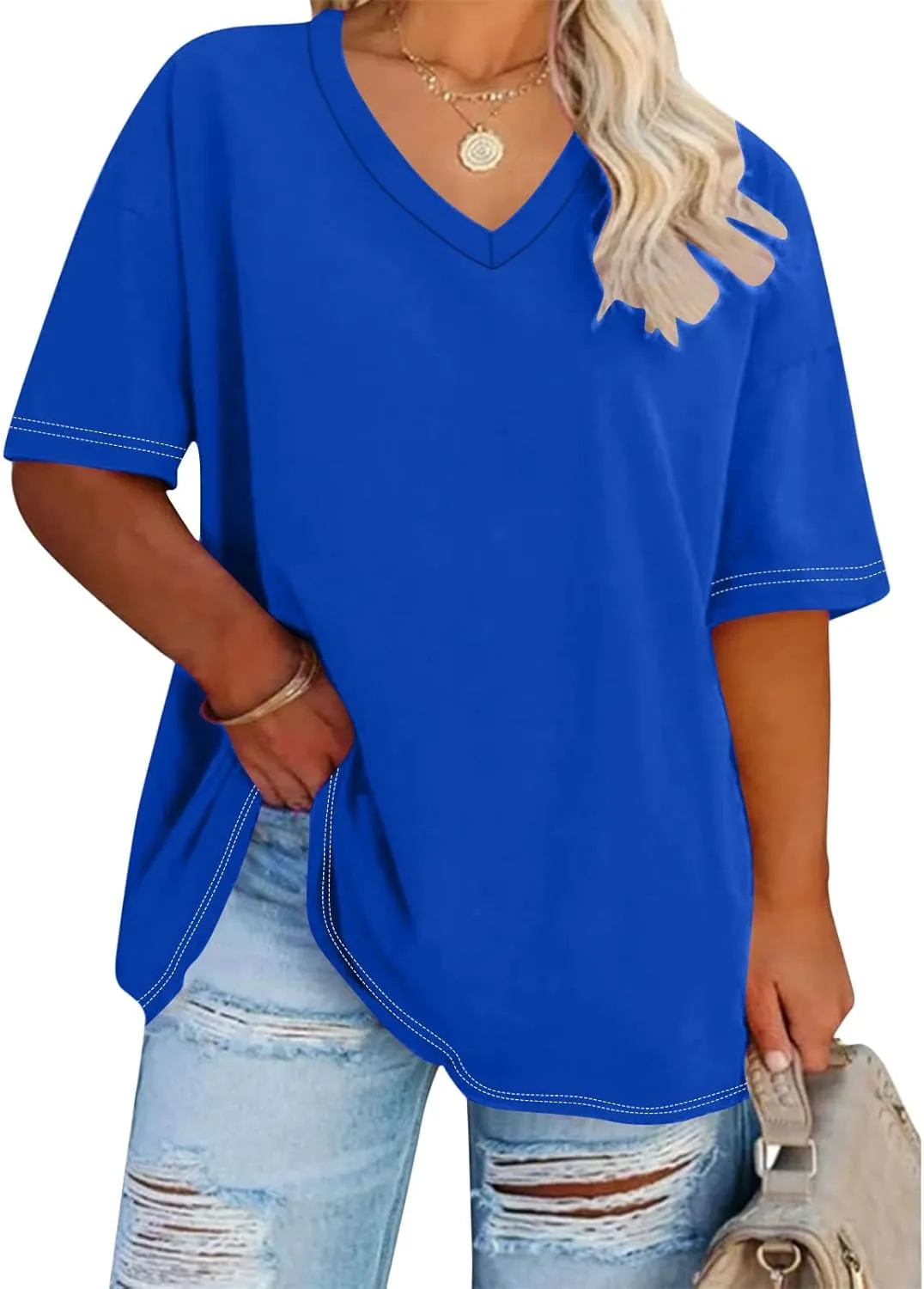 Generic 2024 Oversized T Shirts Women's Plus Size Tees Casual Half Sleeve V Neck Shirt Summer Loose Comfy Basic Tunic Tops