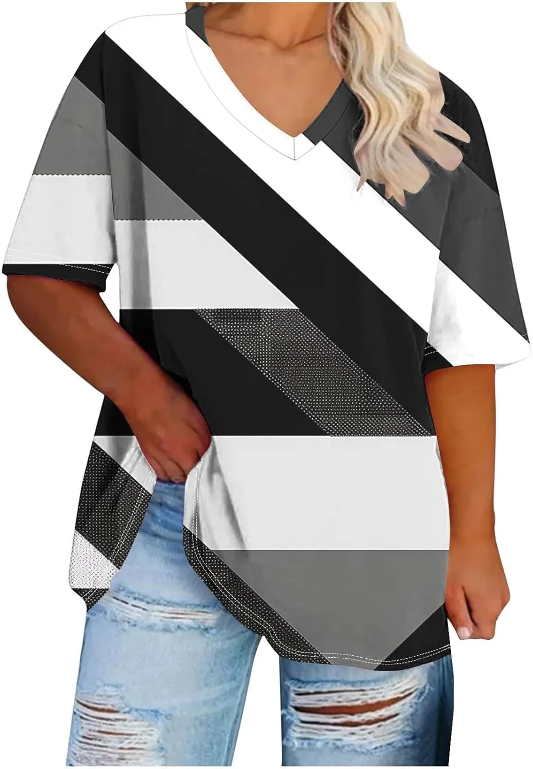 Generic 2024 Oversized T Shirts Women's Plus Size Tees Casual Half Sleeve V Neck Shirt Summer Loose Comfy Basic Tunic Tops