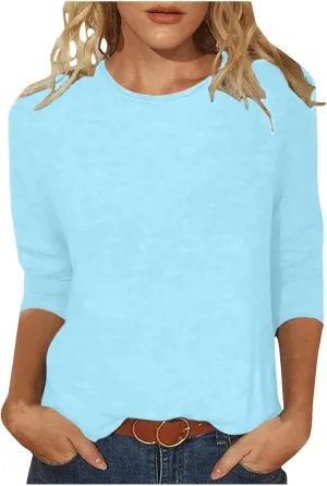 Generic Womens Tops Dressy Casual 3/4 Sleeve Shirts Summer Floral Three Quarter Length Blouse Loose Fit Crewneck Pullover Tee