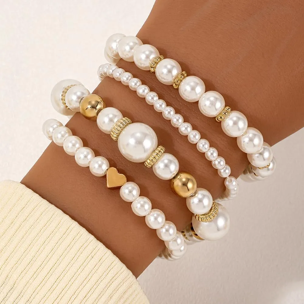 GIGB PBDK Chunky Pearl Bracelets for Women Stackable Pearl Heart Elastic Bracelets Set Adjustable Baroque Pearl Beaded Lock Stretch Bracelets Jewelry Presents