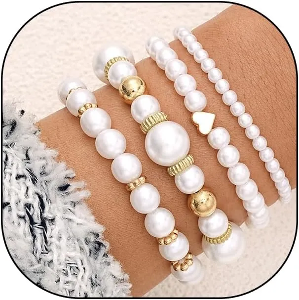 GIGB PBDK Chunky Pearl Bracelets for Women Stackable Pearl Heart Elastic Bracelets Set Adjustable Baroque Pearl Beaded Lock Stretch Bracelets Jewelry Presents