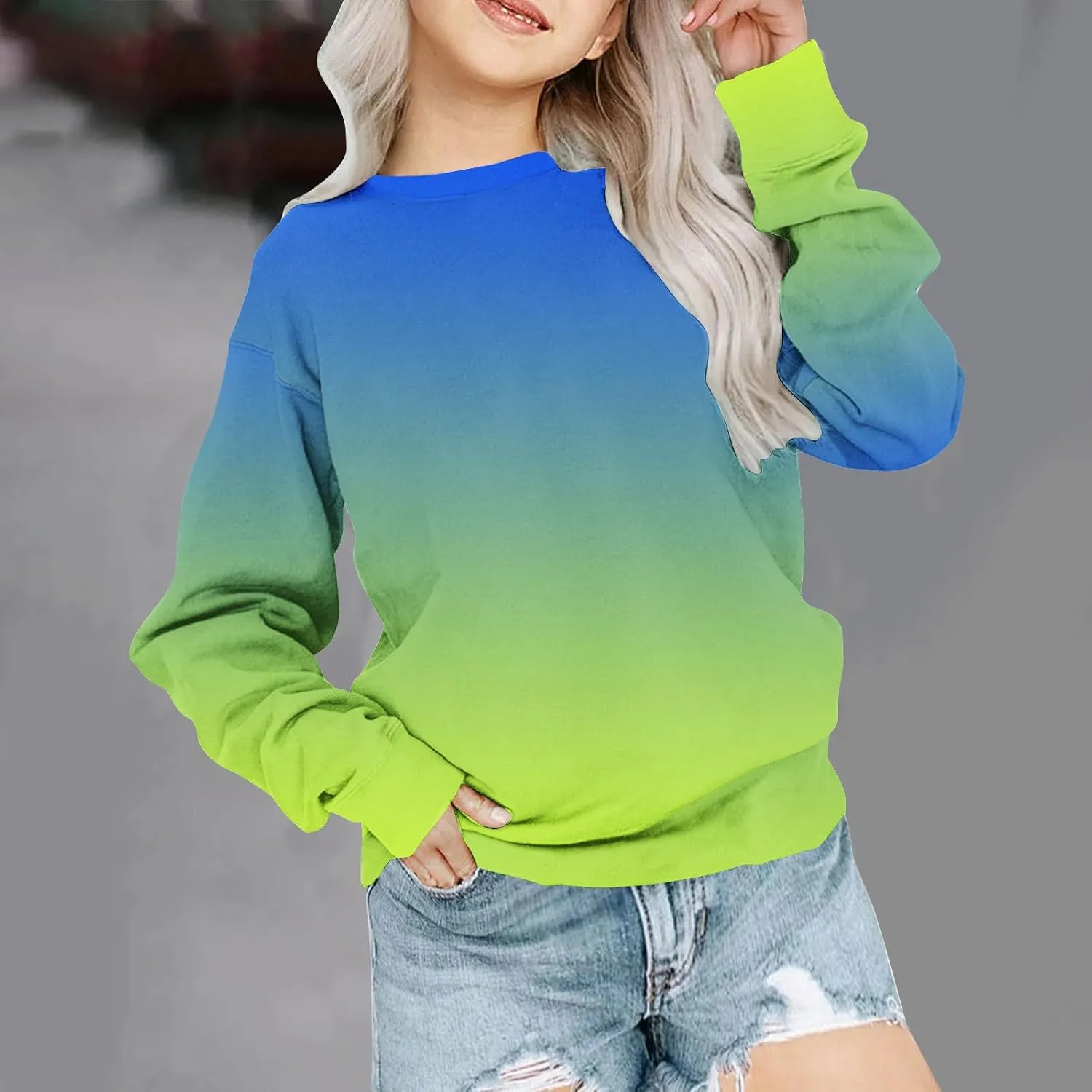 Girls and Boys Gradient Sweatshirt Crewneck Pullover Fleece Lined Sweatshirts Fashion Blouses Long Sleeve Shirt