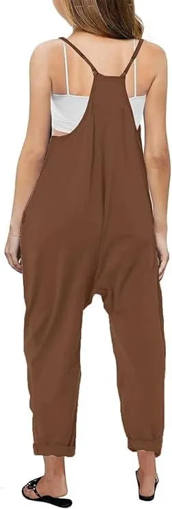 Girl's Casual Sleeveless Jumpsuits Spaghetti Straps Harem Long Overalls With Pockets