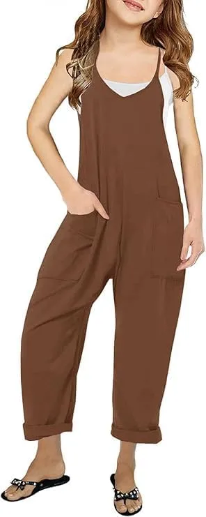 Girl's Casual Sleeveless Jumpsuits Spaghetti Straps Harem Long Overalls With Pockets