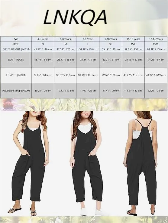 Girl's Casual Sleeveless Jumpsuits Spaghetti Straps Harem Long Overalls With Pockets
