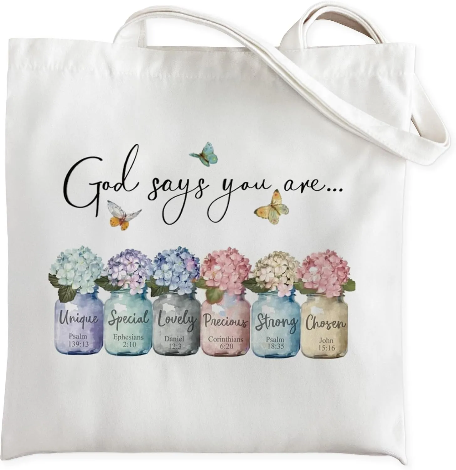 God Say You Are Christian Tote Bag for Women, Hydrangea Floral Butterfly Girly Aesthetic Canvas Tote Bag, Scripture Bible Verse Beach Bag, Reusable Grocery Shopping Bags, 15.5x15 Inch