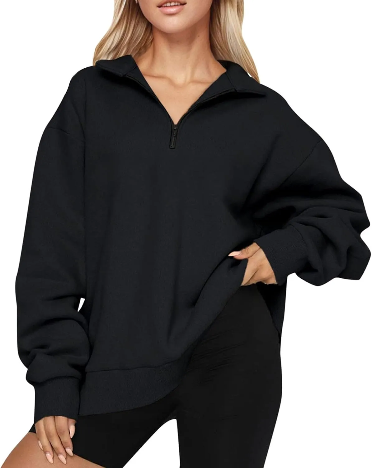 GOFULY Quarter Zip Pullover Women Fleece Fall Long Sleeve Lapel Collar Oversized Sweatshirt Drop Shoulder Shirt Winter Clothe