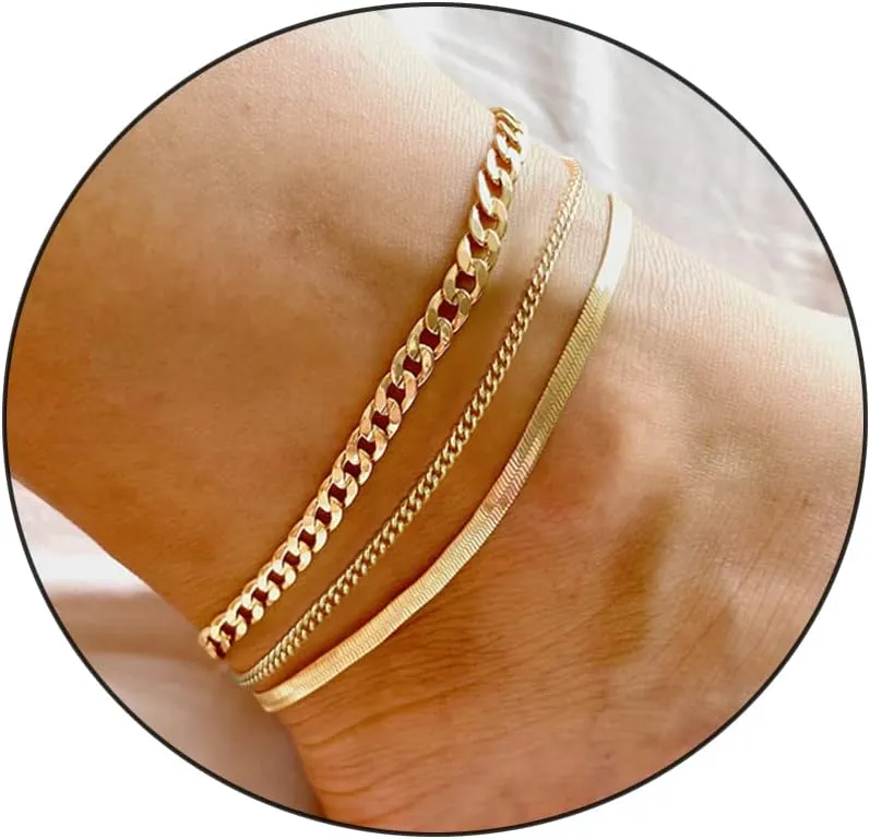 Gold Ankle Bracelets for Women, 14K Gold Plated Handmade Dainty Layered Heart Anklet for Women Waterproof Bead Rhinestone Satellite Cuban Chain Ankle Set for Women s Summer Beach Jewelry Gifts