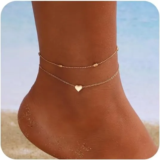 Gold Ankle Bracelets for Women Waterproof,14K Gold Anklets Layered Cuban Link Herringbone Paperclip Chain Anklet Bracelets Heart Infinity Butterfly Snake Anklet Summer Beach Jewelry