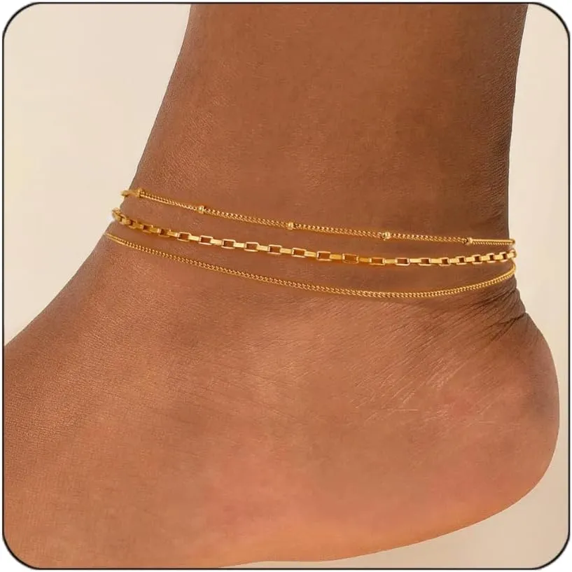Gold Ankle Bracelets For Women Waterproof,18k Gold Plated Anklets Layered Thin Snake Chain Herringbone Anklets Non Tarnish Stainless Steel Dainty Summer Jewelry Set Gift For Women