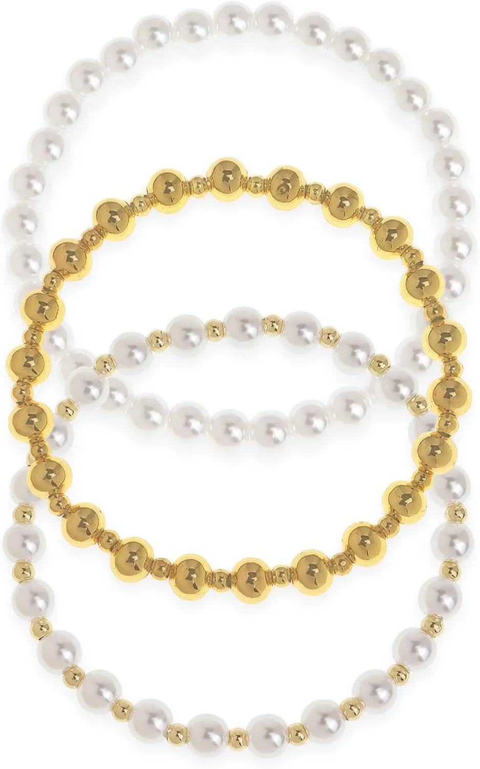 Gold Beaded Pearl Stack Bracelets Set for Women, 3Pcs Boho Trendy Handmade White Pearl Elastic Stretchy Stackable Bracelet Holiday Jewelry Gifts.
