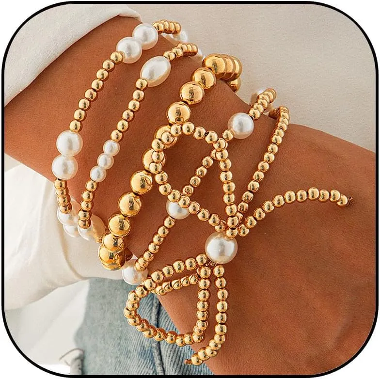 Gold Bow Bracelet for Women - Beaded Pearl Stretch & Stackable Bracelets