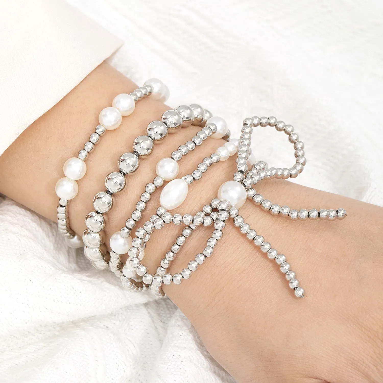 Gold Bow Bracelet for Women - Stackable Pearl Beaded Bracelet with Boho Seed Beads