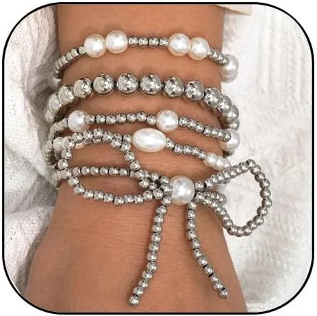 Gold Bow Bracelet for Women - Stackable Pearl Beaded Bracelet with Boho Seed Beads
