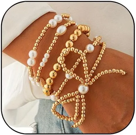 Gold Bow Bracelet for Women - Stackable Pearl Beaded Bracelet with Boho Seed Beads