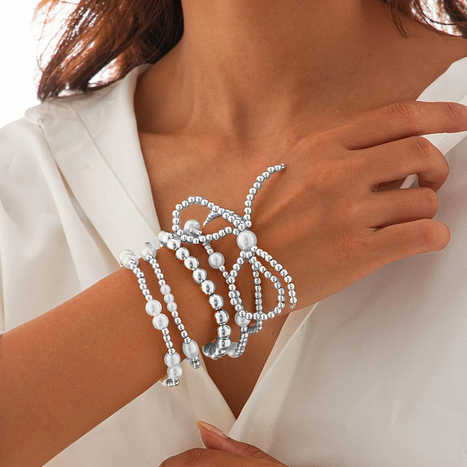 Gold Bow Bracelet for Women - Stackable Pearl Beaded Bracelet with Boho Seed Beads