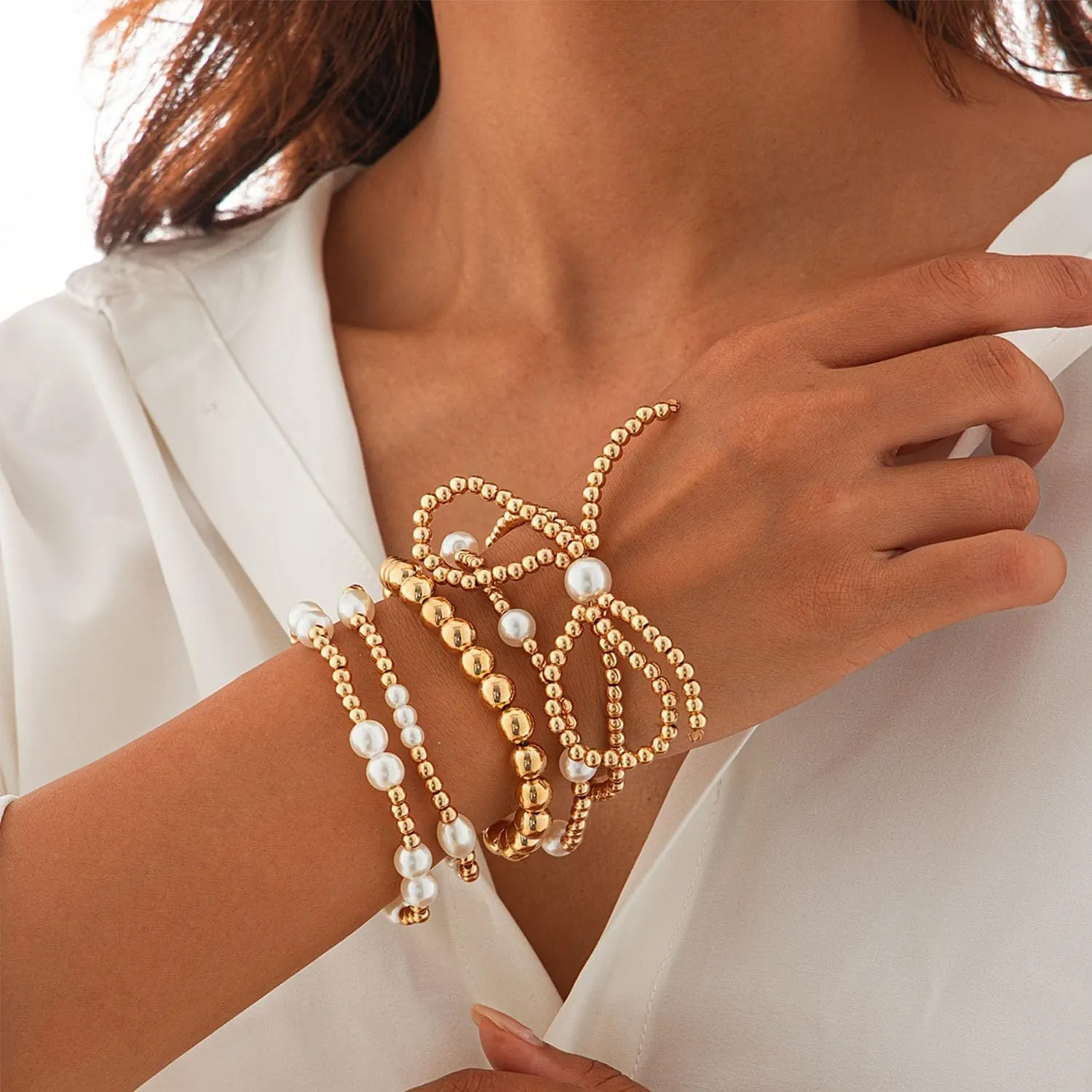 Gold Bow Bracelet for Women - Stackable Pearl Beaded Bracelet with Boho Seed Beads