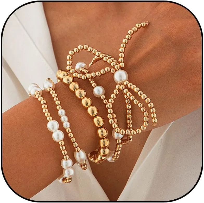 Gold Bow Bracelet Stack for Women Gold Bracelets Set Gold Bead Stretch Bracelets Stackable Pearl Bracelets Adjustable Gold Jewelry for Women