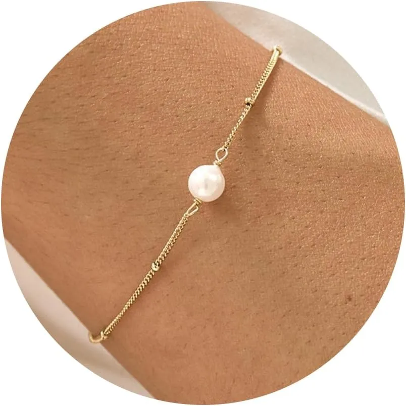 Gold Bracelets for Women-14K Gold Plated Pearl Bracelets for Women Daisy Pearl Flower Gold Beaded Station Pearl Bracelets