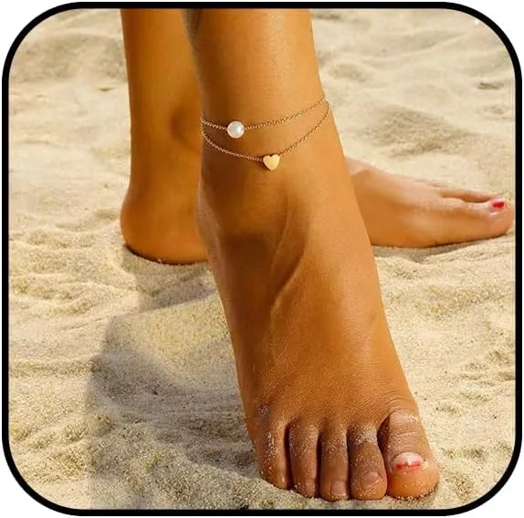 Gold Pearl Anklets for Women Boho Pearl Heart Ankle Bracelets Non Tarnish Anklets Adjustable Waterproof Anklets Silver Stackable Foot Chain Summer Beach Jewelry