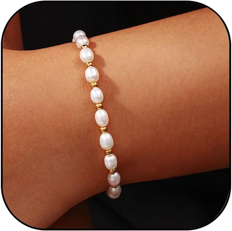 Gold Pearl Bracelets for Women Dainty Pearls Beaded Bracelets Baroque Pearl Chain Bracelets Pearl Link Bracelet Jewelry for Women