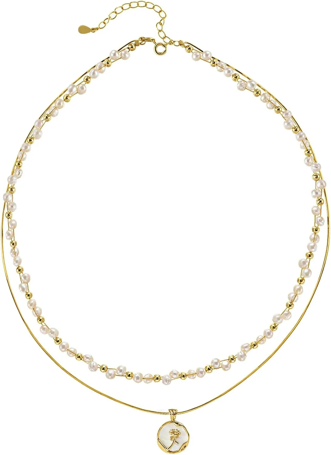 Gold Pearl Necklace For Women, Double Layer Rose Pendant With Enamel Glaze, Adjustable 15.7 2, Elegant Jewelry With Gift Box