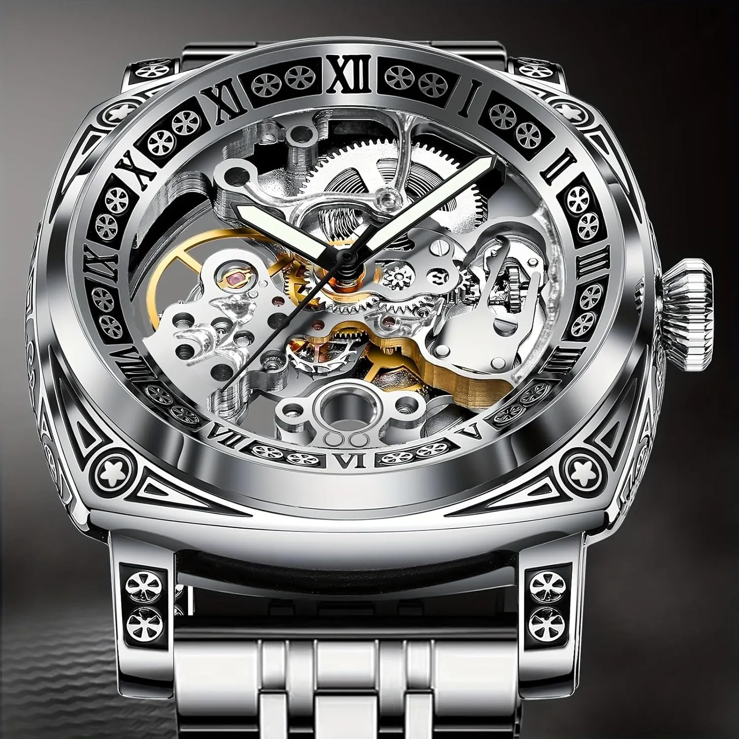 Golden Luxury Casual Design Stainless Steel Mens Watches Brand Luxury Mechanical Skeleton Watch