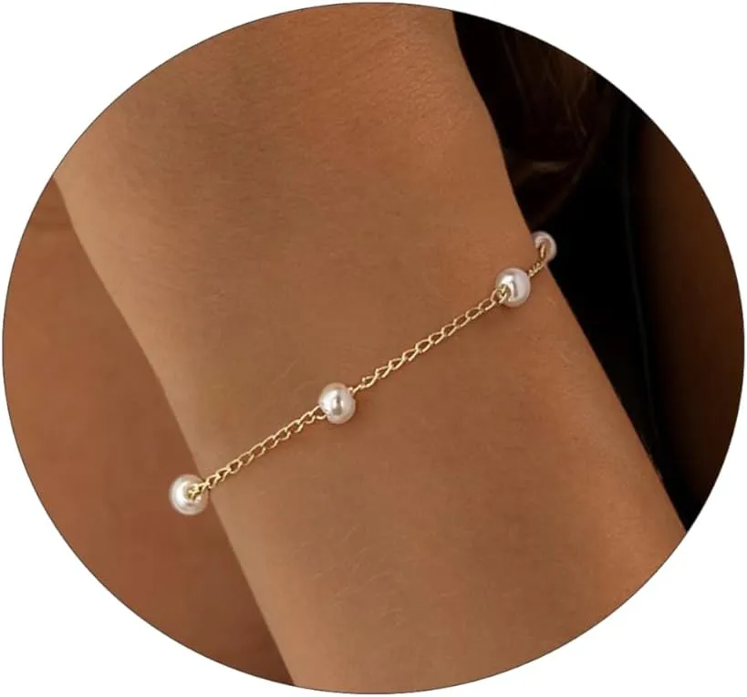 Gold/Silver Pearl Bracelets for Women Dainty Pearls Beaded Chain Tiny Pearls link Chain Cute Simple Pearl Bracelet Jewelry for Women