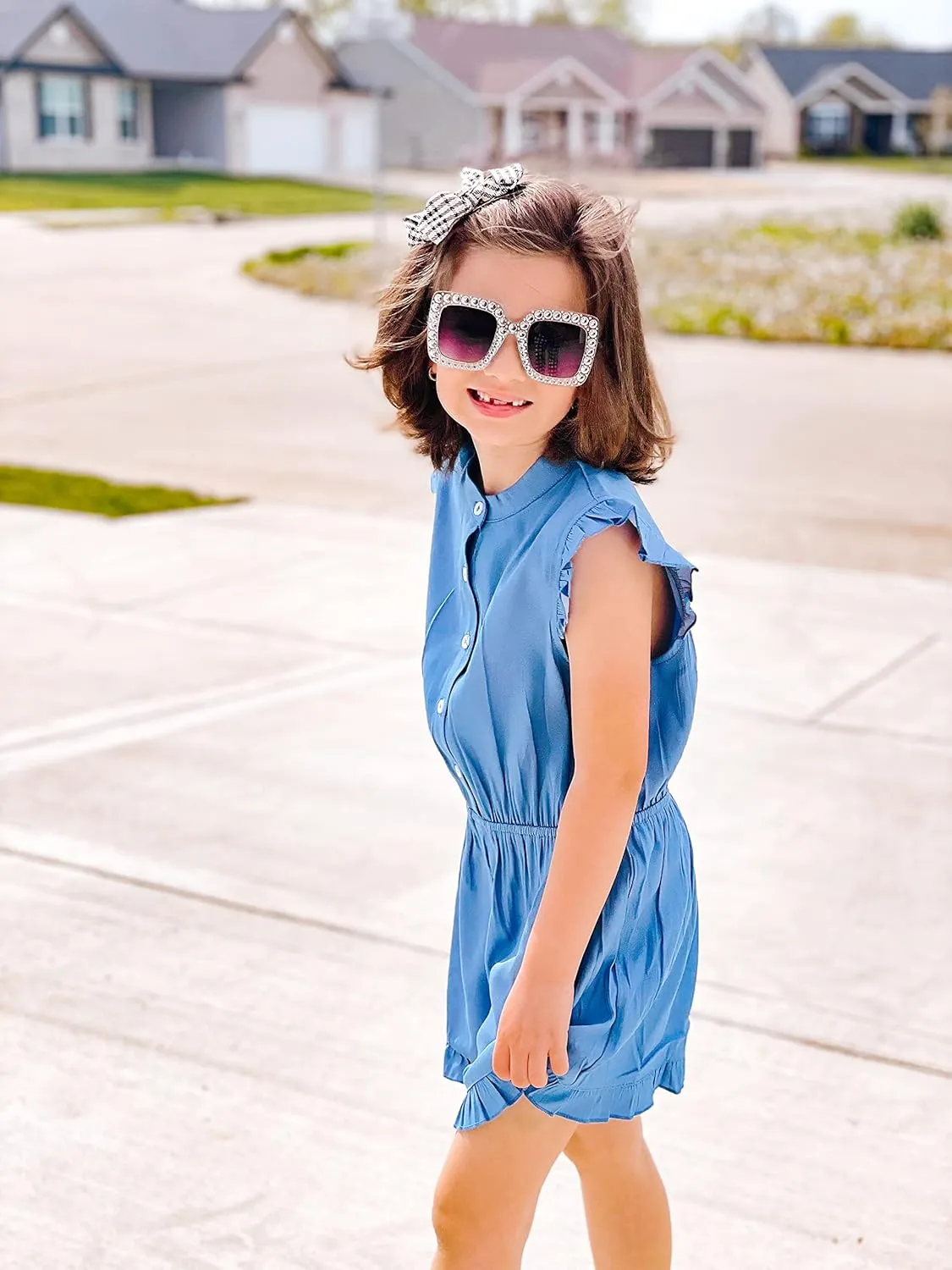 Goranbon Girls' Romper Kids Jumpsuits Button Down Ruffle Sleeveless Summer Clothes
