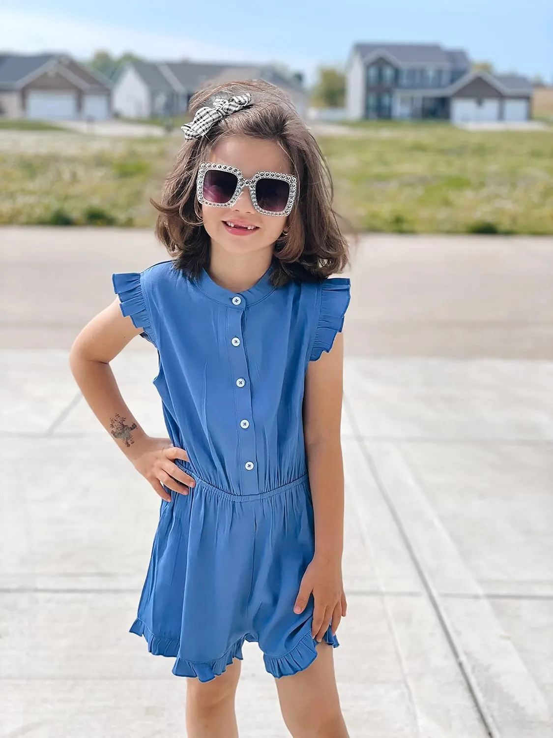 Goranbon Girls' Romper Kids Jumpsuits Button Down Ruffle Sleeveless Summer Clothes