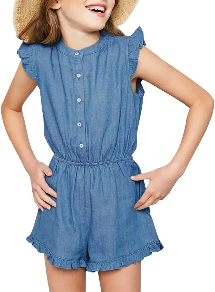 Goranbon Girls' Romper Kids Jumpsuits Button Down Ruffle Sleeveless Summer Clothes