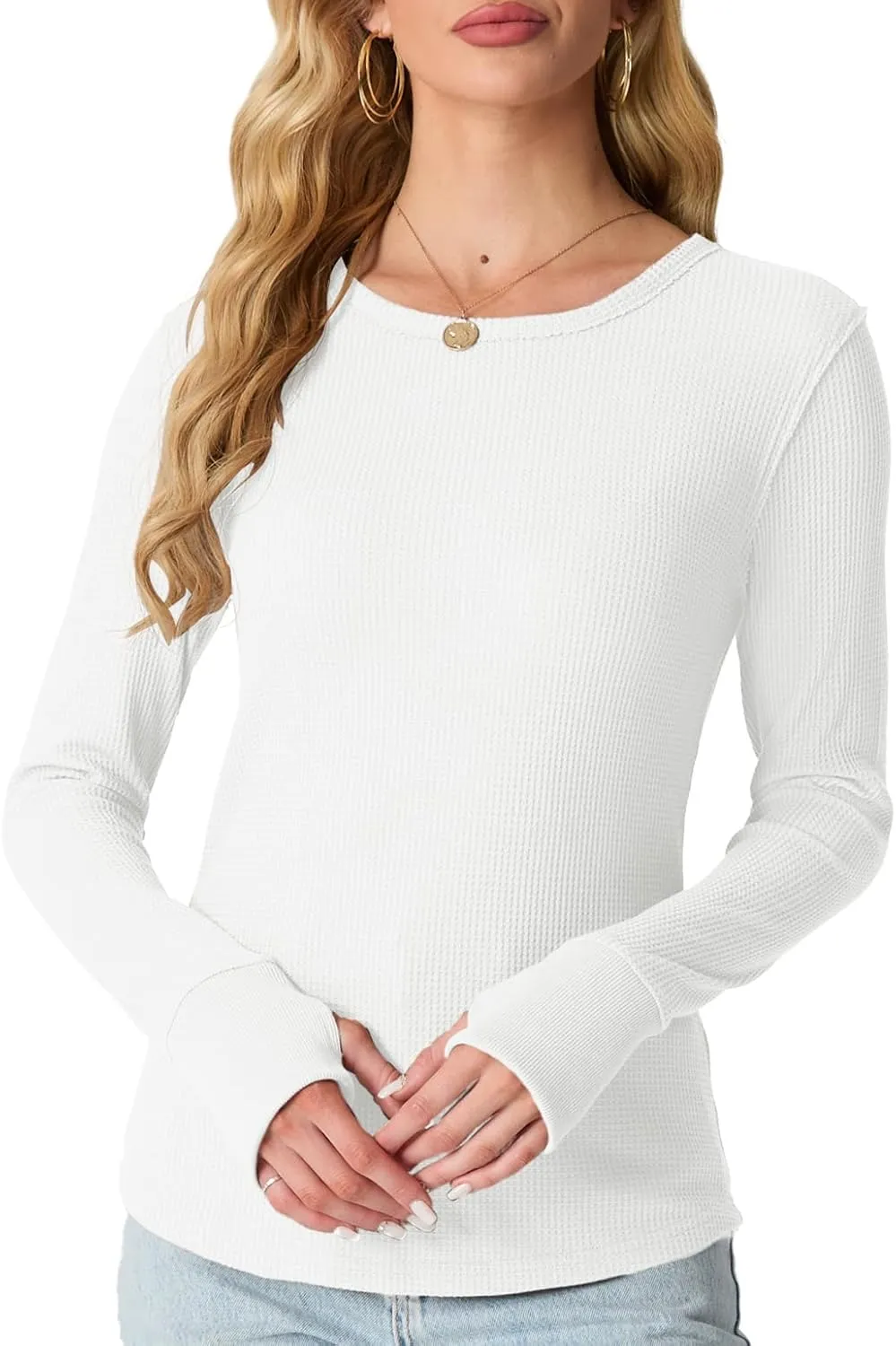 GRECERELLE Waffle Knit Long Sleeve Shirts for Women Crew Neck Slim Fitted Going Out Tops Y2k Outfits