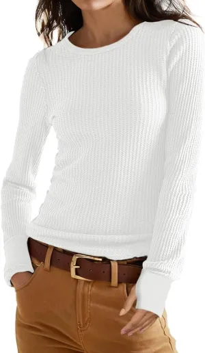 GRECERELLE Waffle Knit Long Sleeve Shirts for Women Crew Neck Slim Fitted Going Out Tops Y2k Outfits