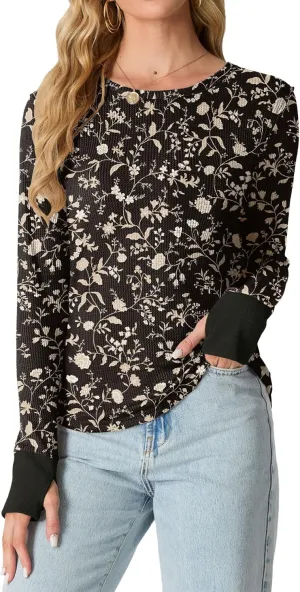 GRECERELLE Waffle Knit Long Sleeve Shirts for Women Crew Neck Slim Fitted Going Out Tops Y2k Outfits