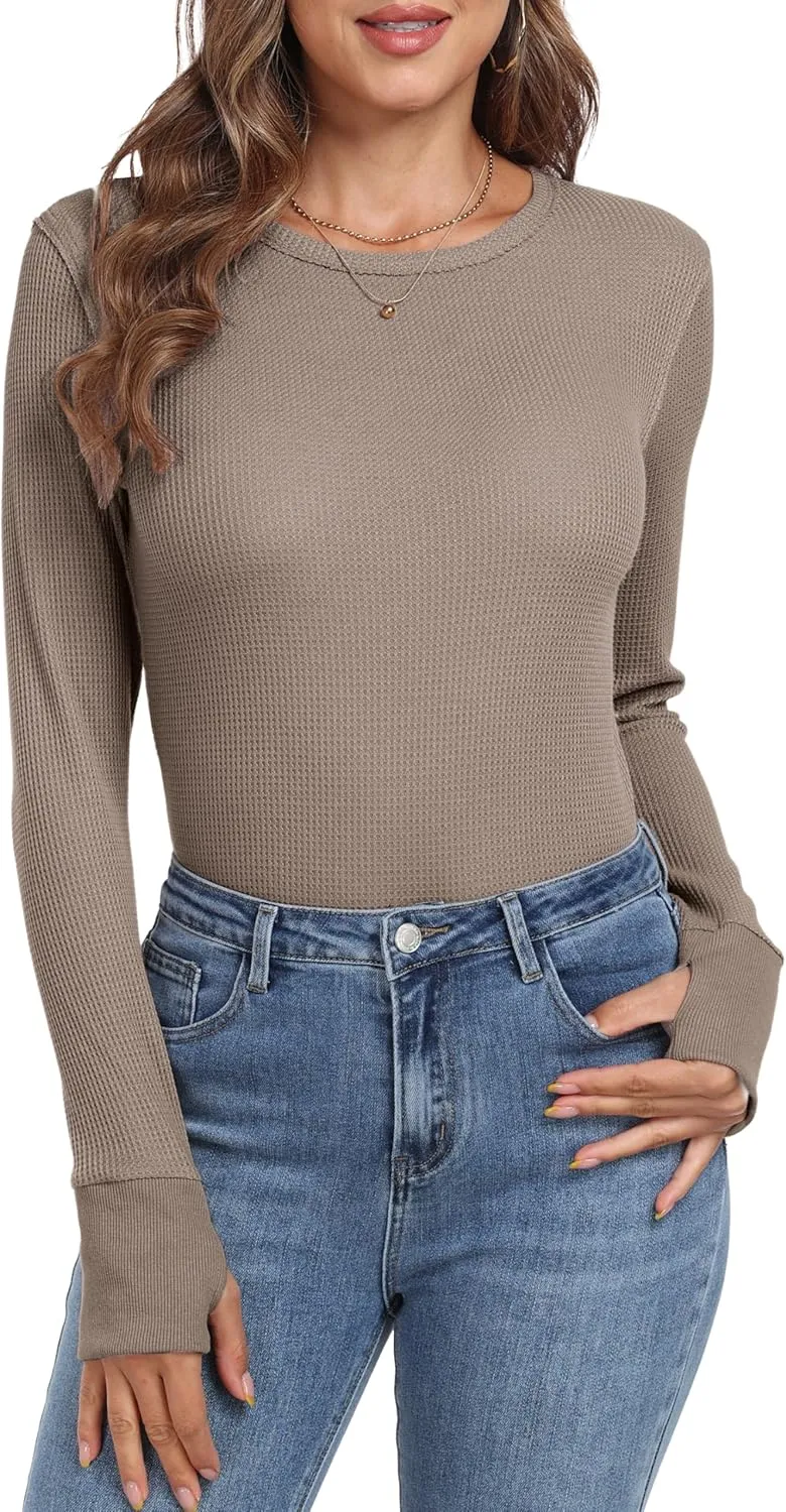 GRECERELLE Waffle Knit Long Sleeve Shirts for Women Crew Neck Slim Fitted Going Out Tops Y2k Outfits