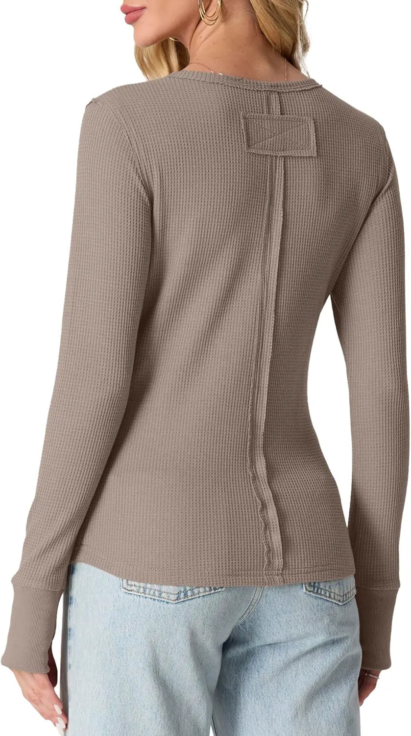GRECERELLE Waffle Knit Long Sleeve Shirts for Women Crew Neck Slim Fitted Going Out Tops Y2k Outfits