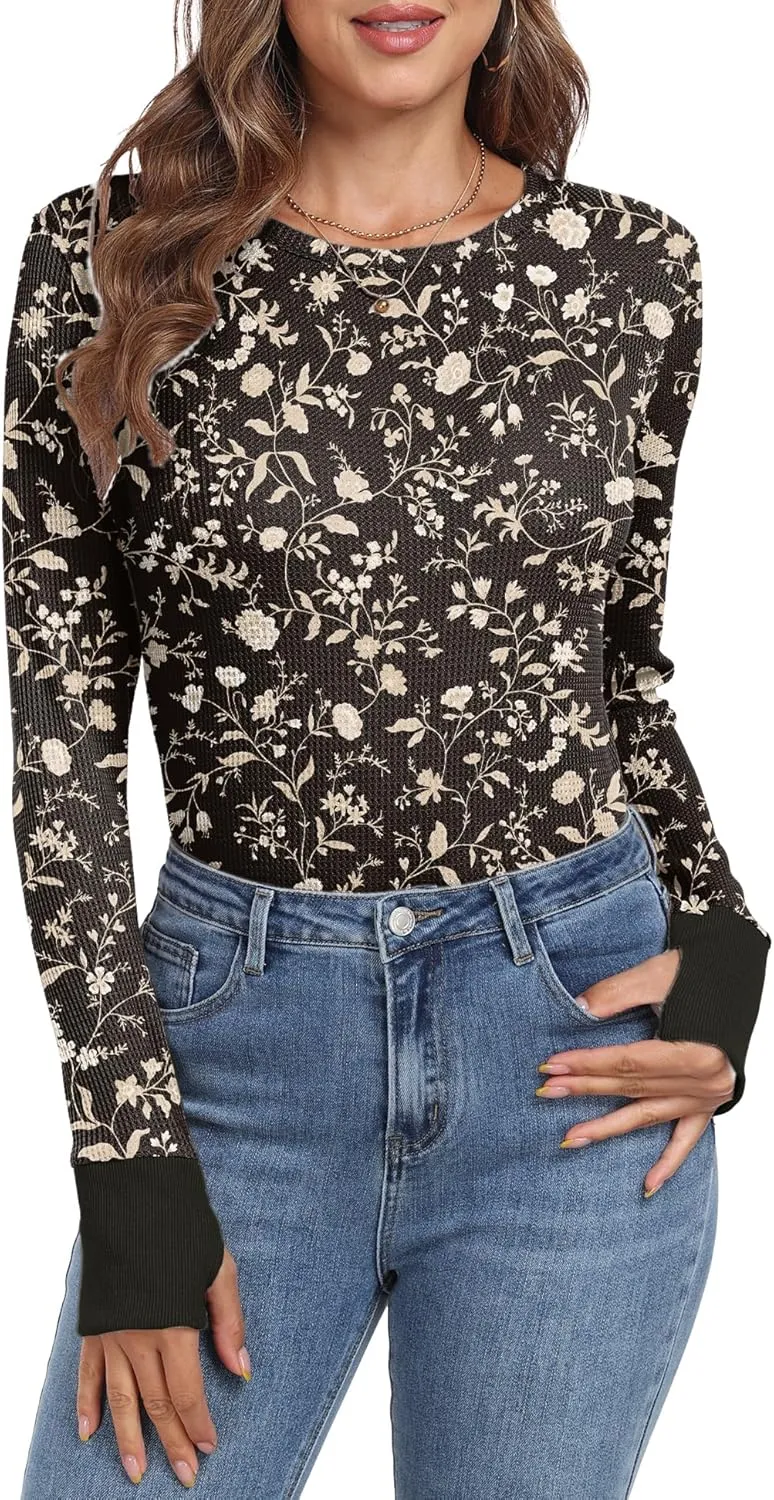 GRECERELLE Waffle Knit Long Sleeve Shirts for Women Crew Neck Slim Fitted Going Out Tops Y2k Outfits